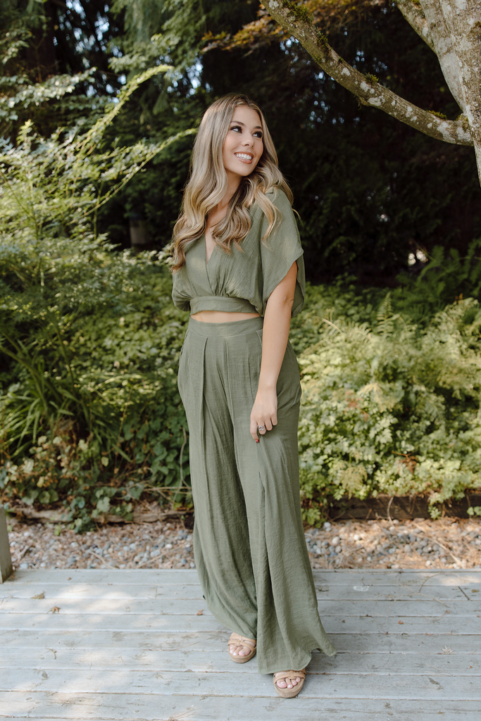 Drape Top with Flowy Pant Set - Olive
