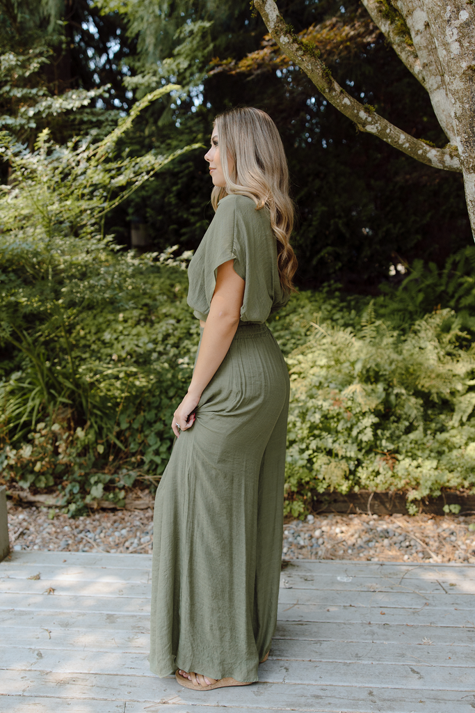 Drape Top with Flowy Pant Set - Olive