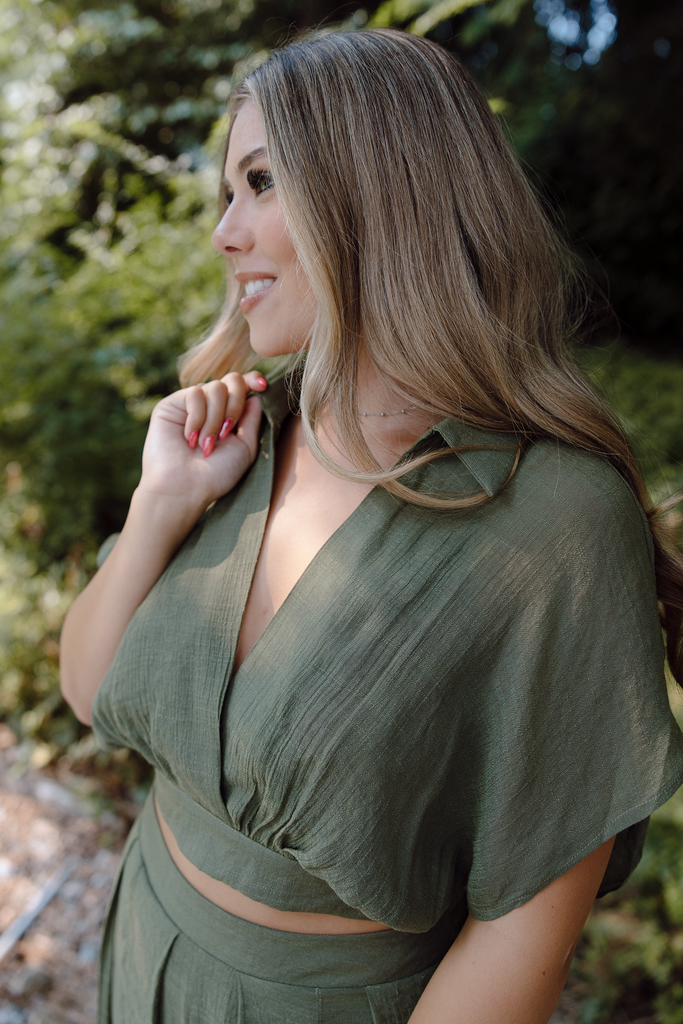 Drape Top with Flowy Pant Set - Olive