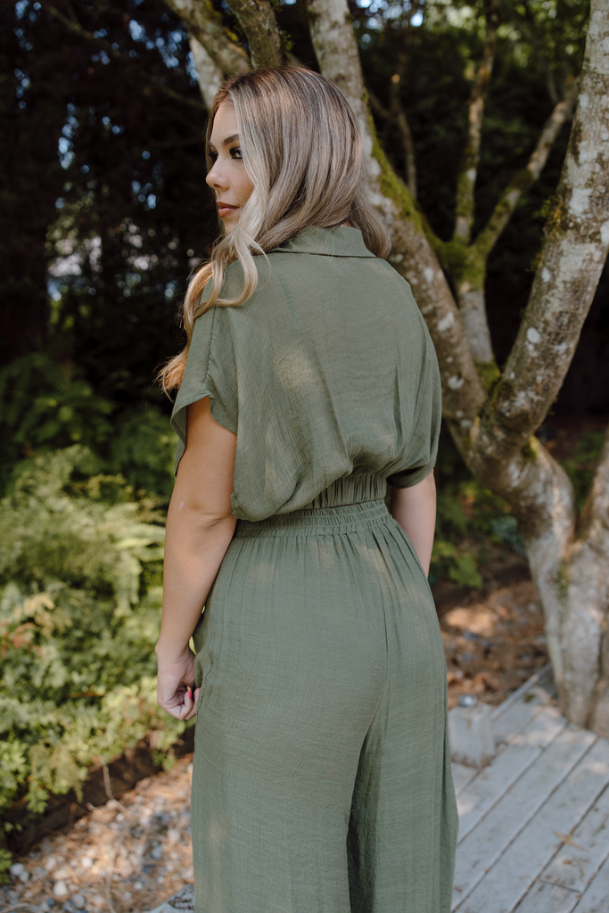 Drape Top with Flowy Pant Set - Olive
