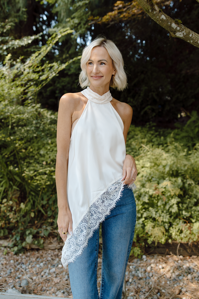 Asymmetrical Lace Halter Top - Ivory