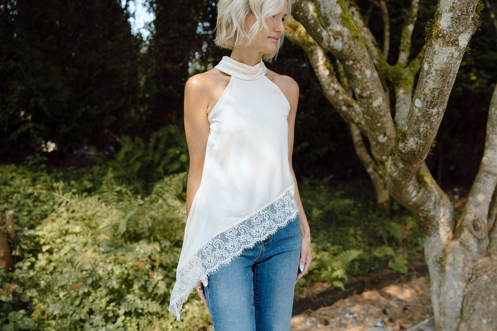 Asymmetrical Lace Halter Top - Ivory