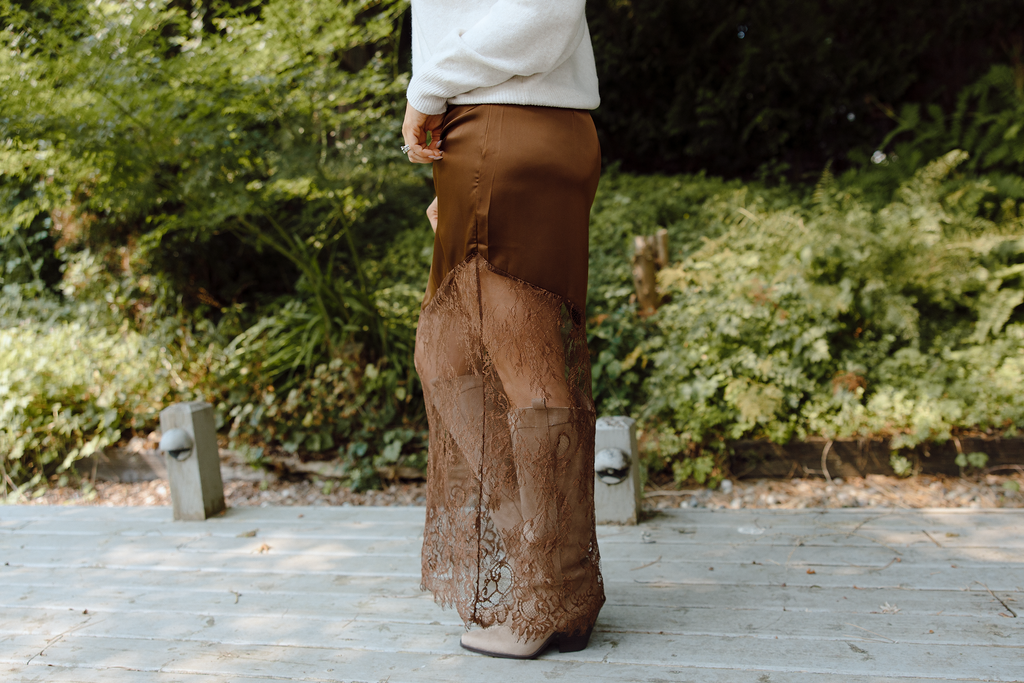 Asymmetrical Lace Trim Skirt - Brown