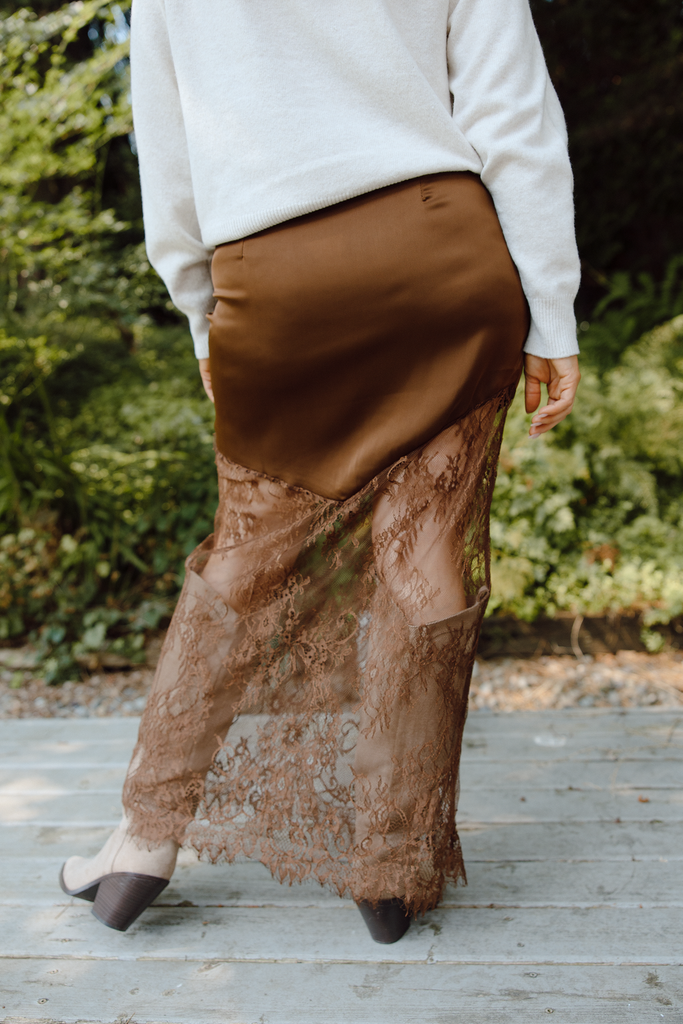 Asymmetrical Lace Trim Skirt - Brown