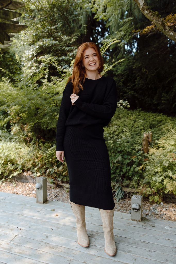 Waffle Sweater & Skirt Set - Black