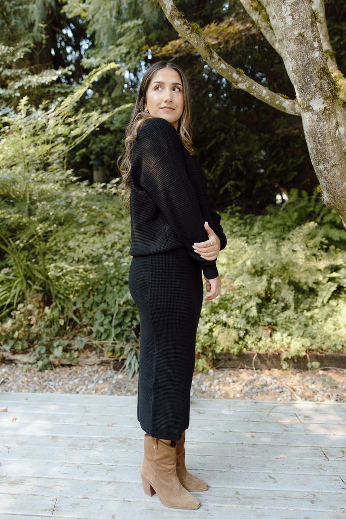 Waffle Sweater & Skirt Set - Black
