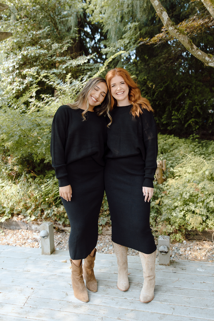 Waffle Sweater & Skirt Set - Black