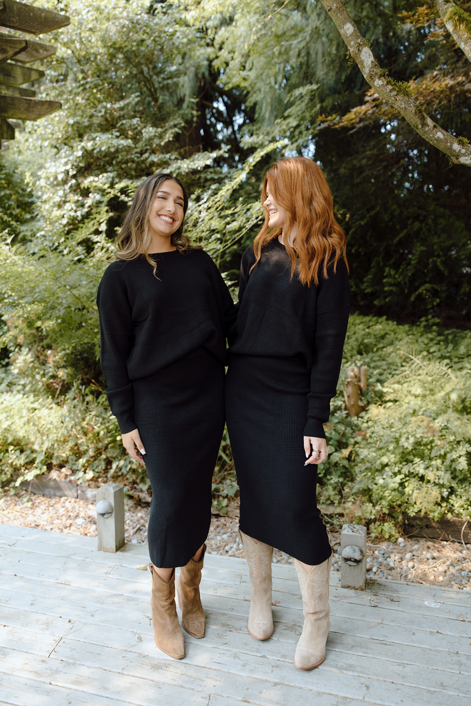 Waffle Sweater & Skirt Set - Black