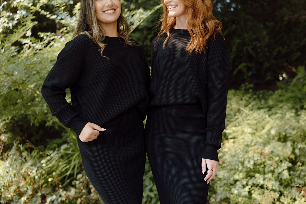 Waffle Sweater & Skirt Set - Black