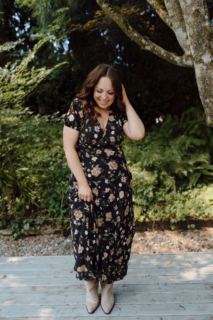 Fall Floral Midi Dress - Black