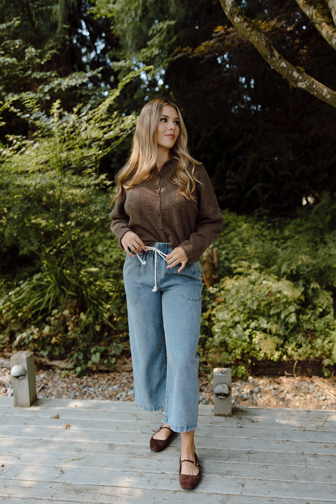 Drawstring Washed Wide Leg Pant - Denim
