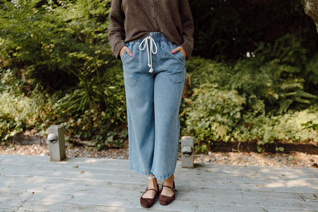 Drawstring Washed Wide Leg Pant - Denim