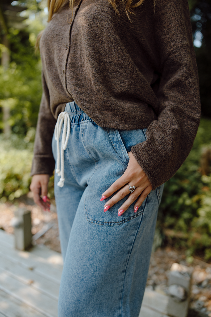 Drawstring Washed Wide Leg Pant - Denim
