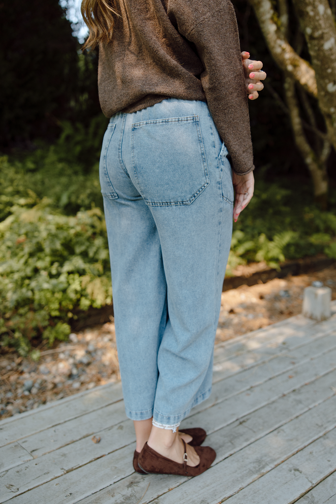 Drawstring Washed Wide Leg Pant - Denim
