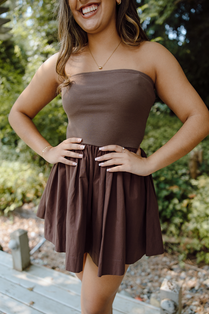 Strapless Mixed Material Dress - Brown