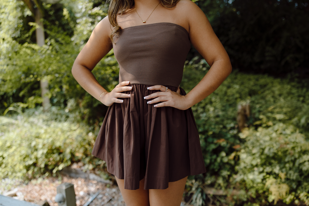 Strapless Mixed Material Dress - Brown