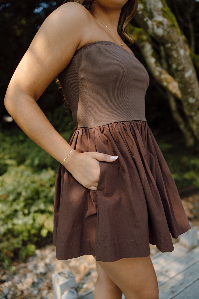 Strapless Mixed Material Dress - Brown