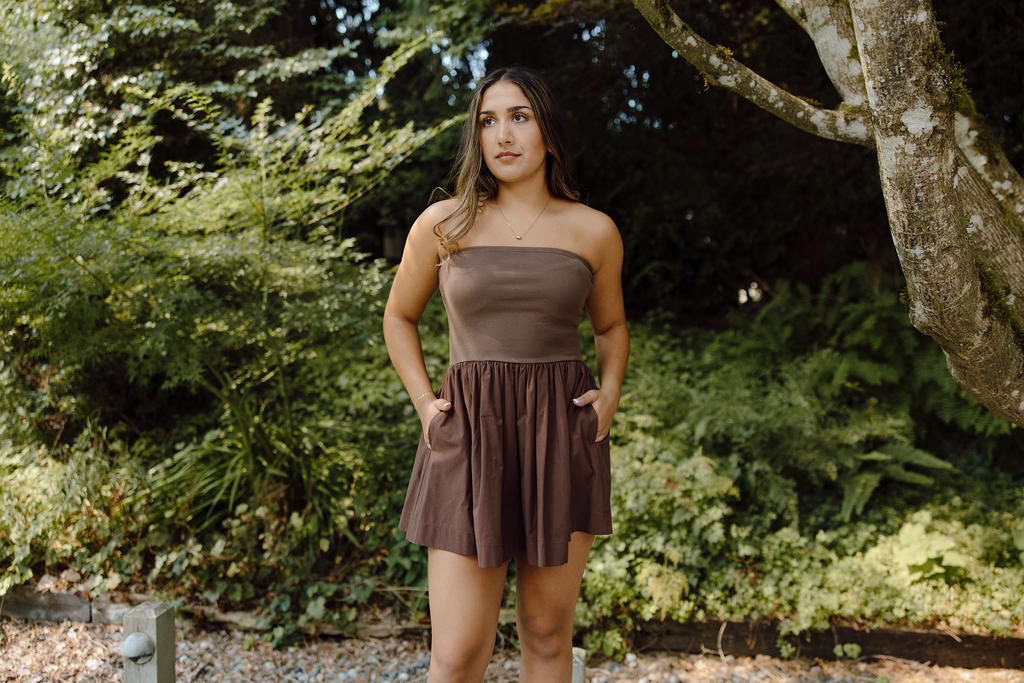 Strapless Mixed Material Dress - Brown