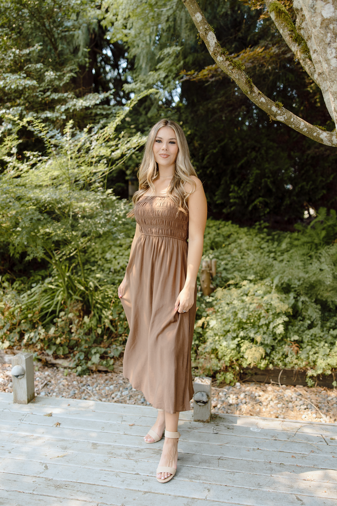 Smocked Thin Strap Midi - Brown