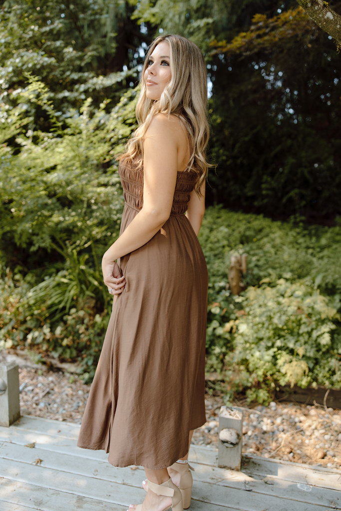 Smocked Thin Strap Midi - Brown