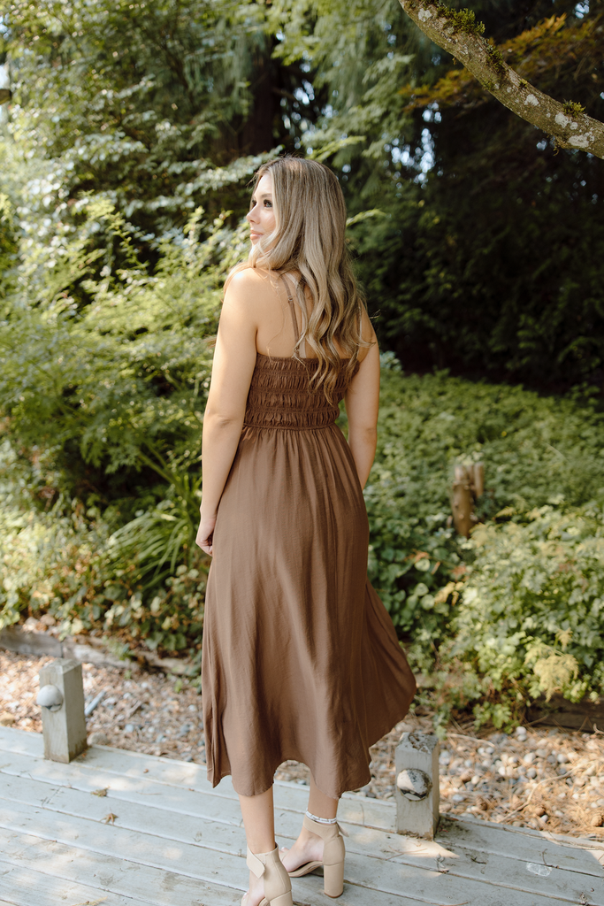 Smocked Thin Strap Midi - Brown