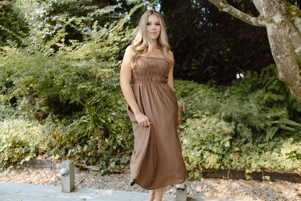 Smocked Thin Strap Midi - Brown