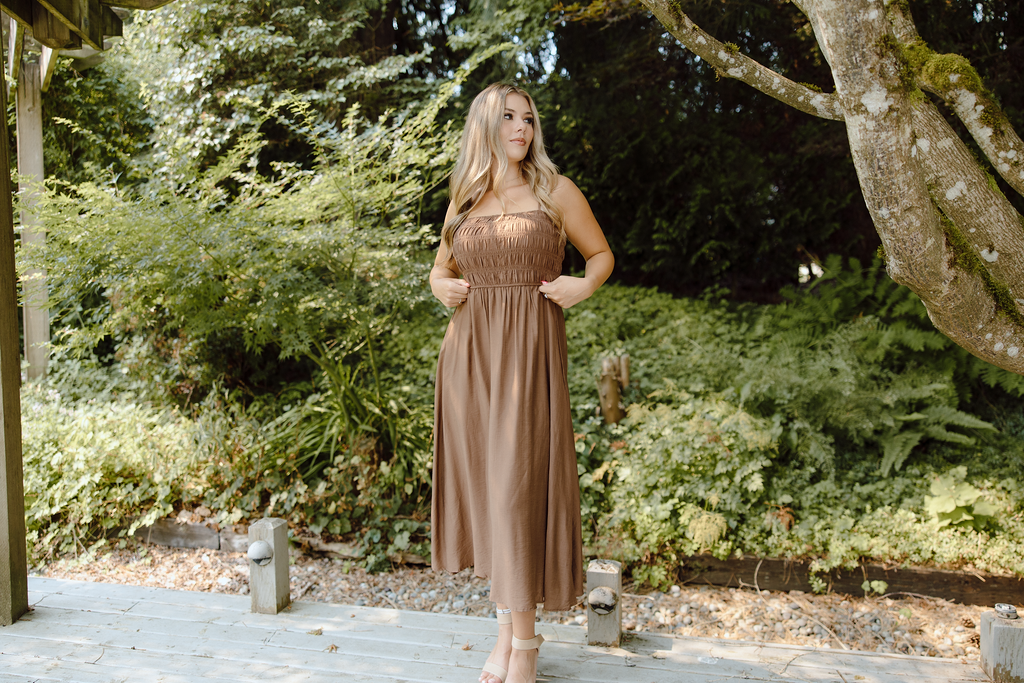 Smocked Thin Strap Midi - Brown