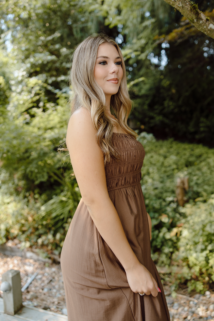 Smocked Thin Strap Midi - Brown