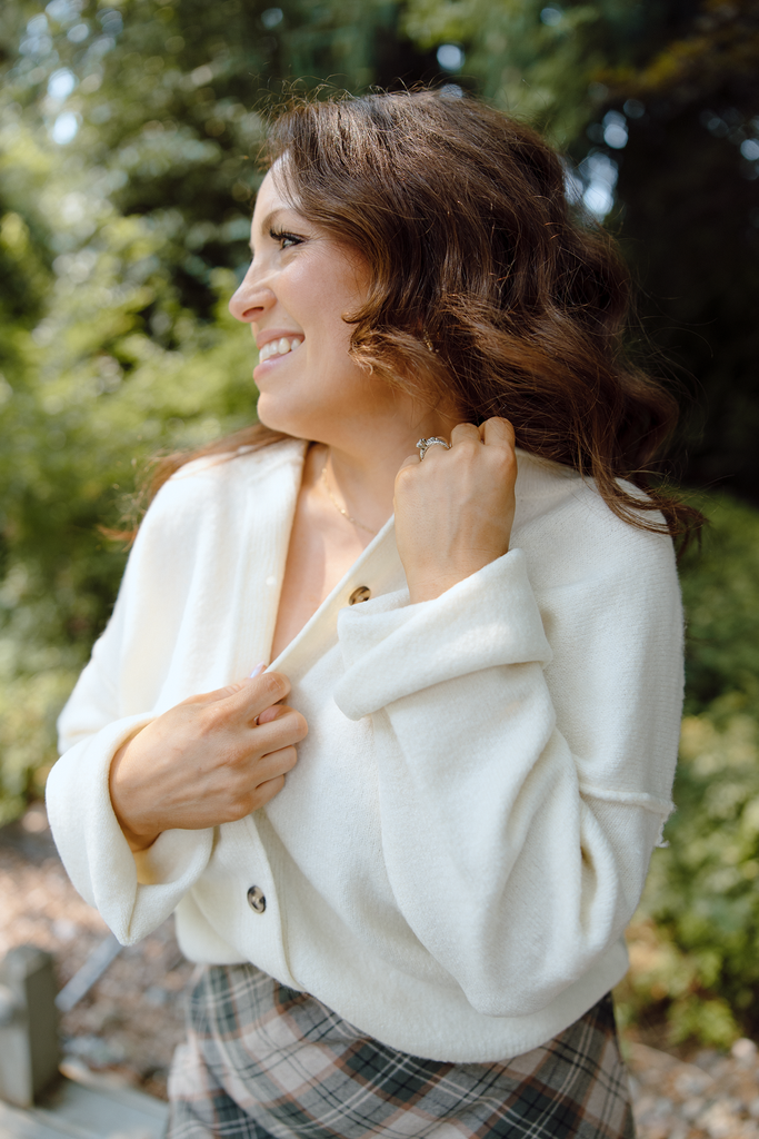 Button Up Cardigan with Exposed Seam - Cream