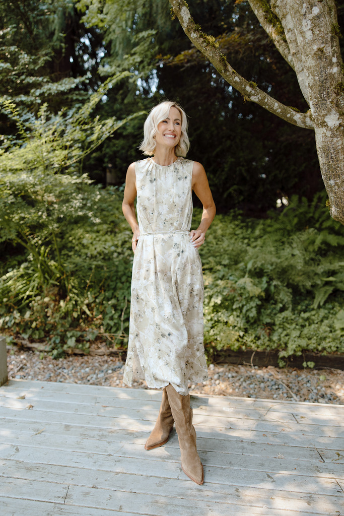 Floral Satin Sleeve Midi Dress - Olive