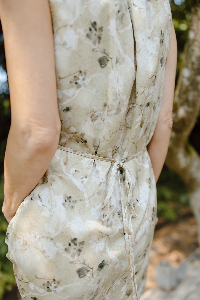 Floral Satin Sleeve Midi Dress - Olive