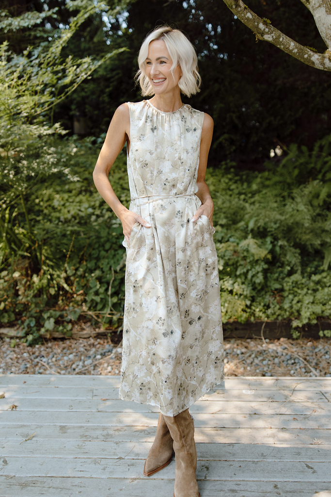 Floral Satin Sleeve Midi Dress - Olive