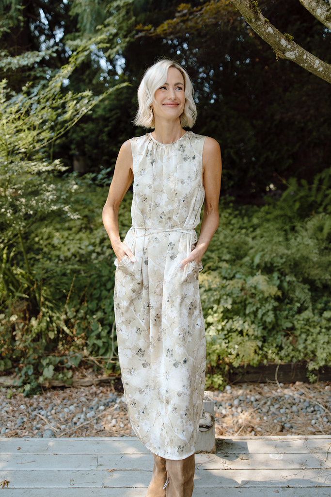 Floral Satin Sleeve Midi Dress - Olive
