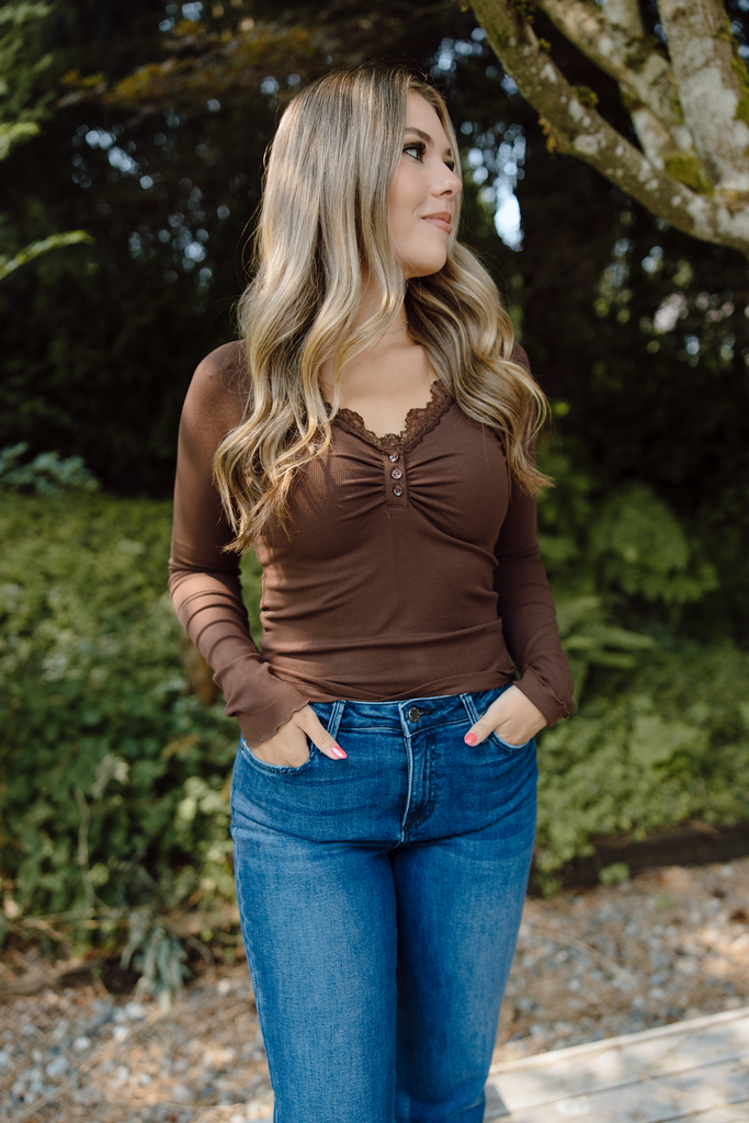 Lace Trim Henley - Brown