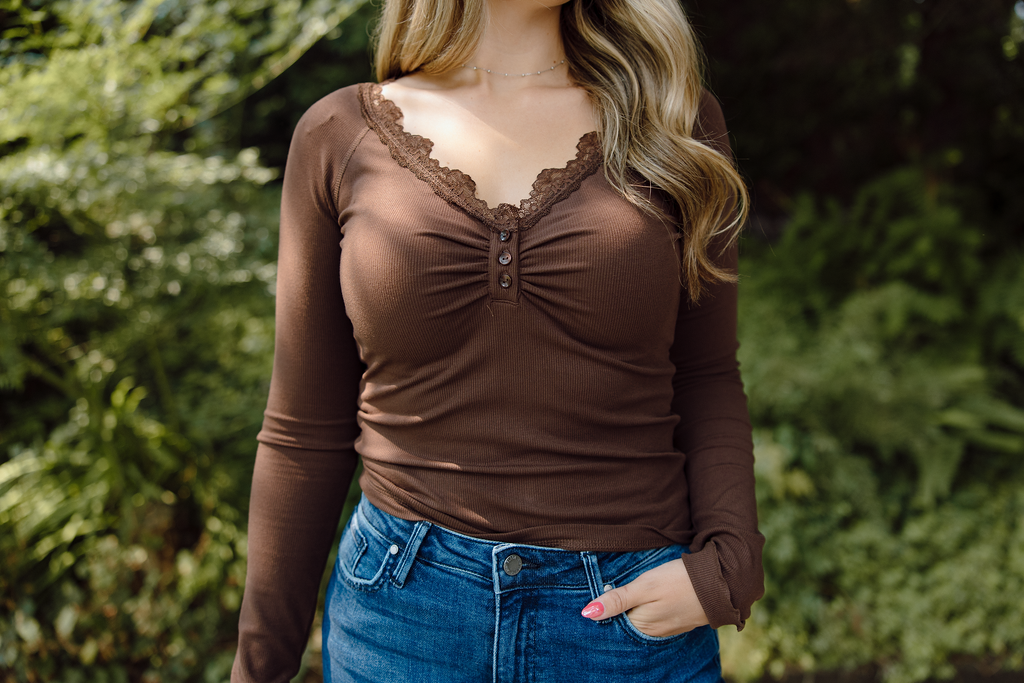 Lace Trim Henley - Brown