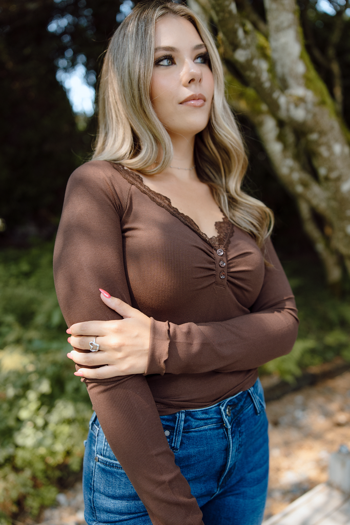 Lace Trim Henley - Brown