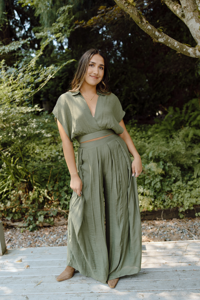 Drape Top with Flowy Pant Set - Olive