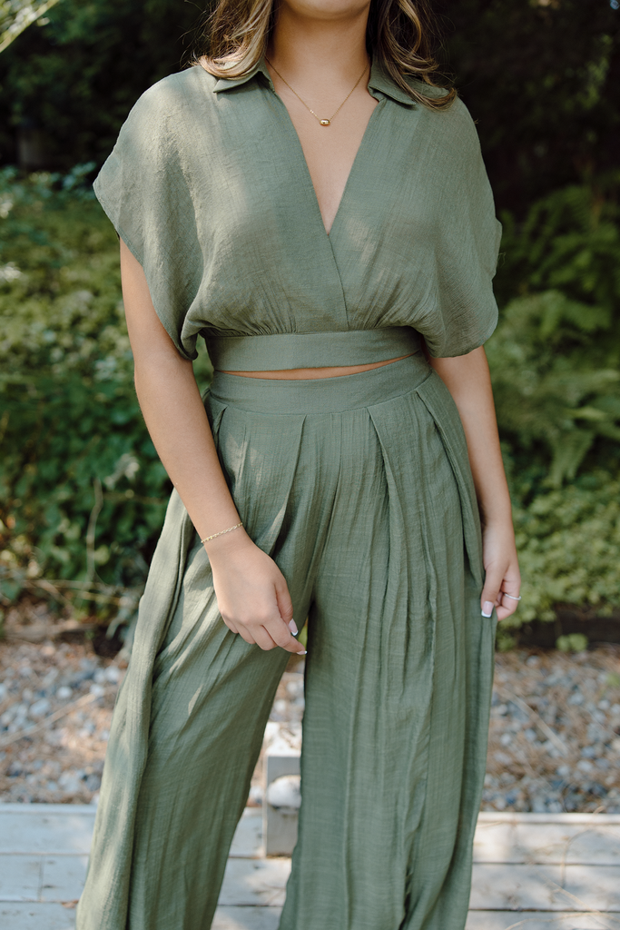 Drape Top with Flowy Pant Set - Olive