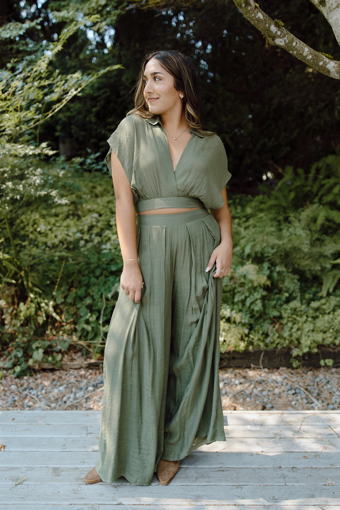 Drape Top with Flowy Pant Set - Olive