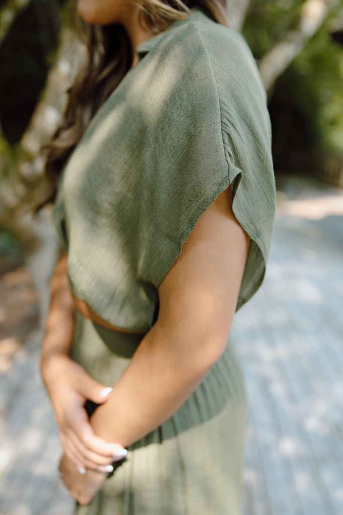 Drape Top with Flowy Pant Set - Olive