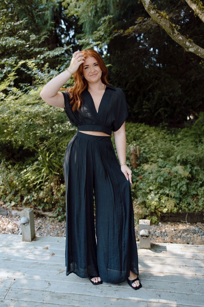 Drape Top with Flowy Pant Set - Black