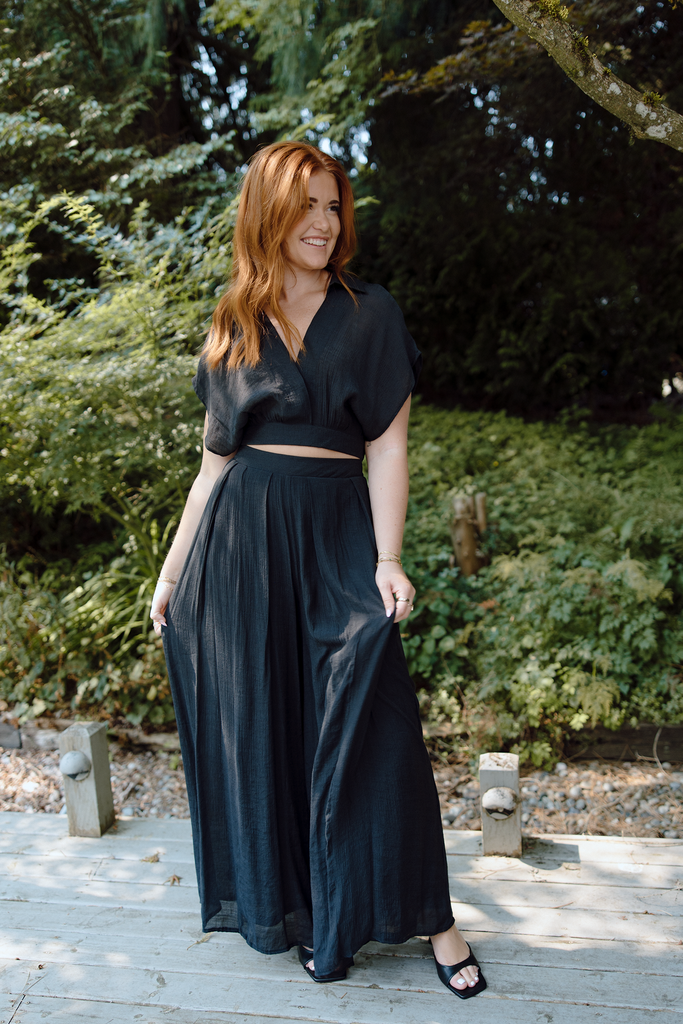 Drape Top with Flowy Pant Set - Black