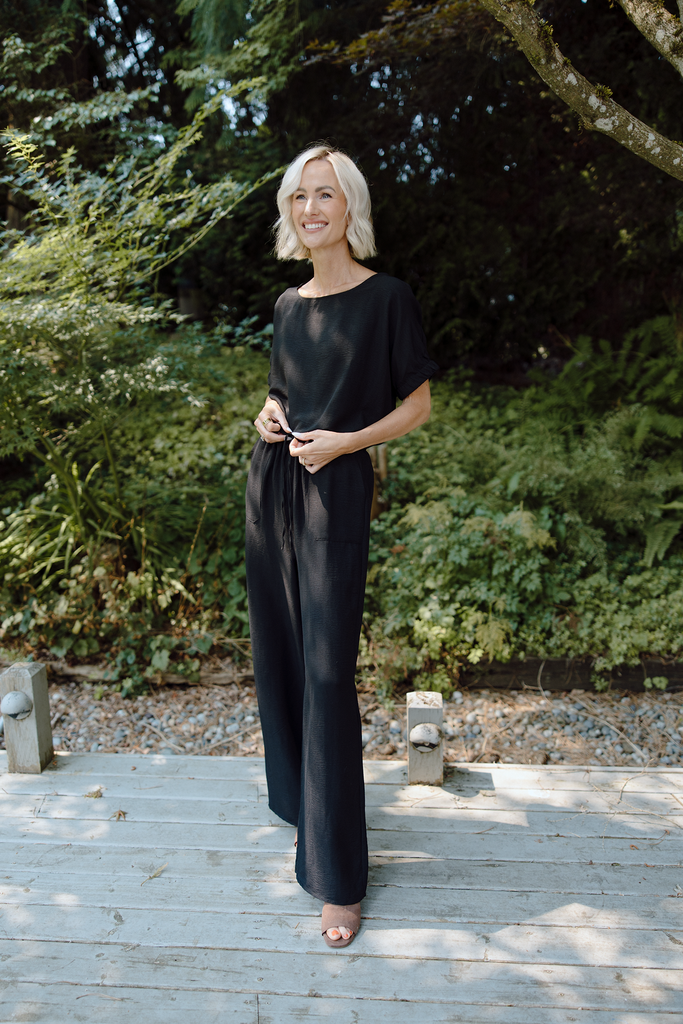 Top & Flowy Pant Casual Set - Black