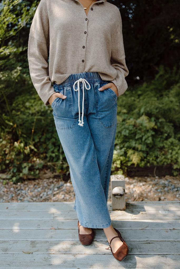 Drawstring Washed Wide Leg Pant - Denim