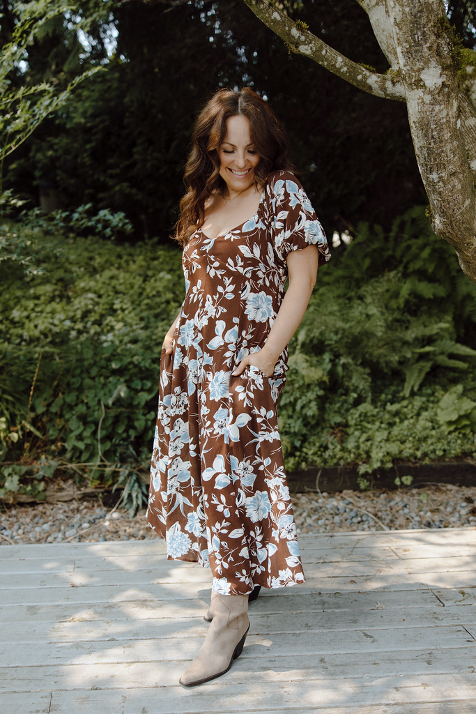 Floral Puff Sleeve Midi - Chocolate