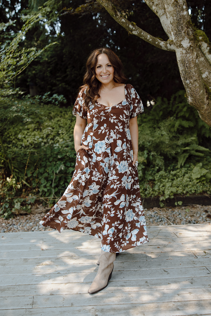 Floral Puff Sleeve Midi - Chocolate