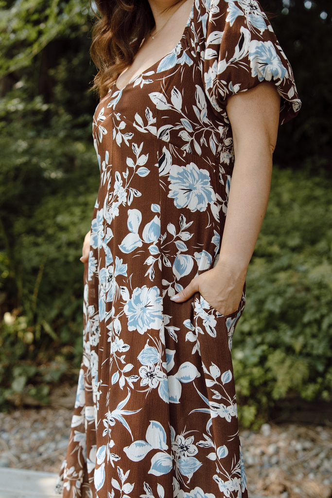 Floral Puff Sleeve Midi - Chocolate
