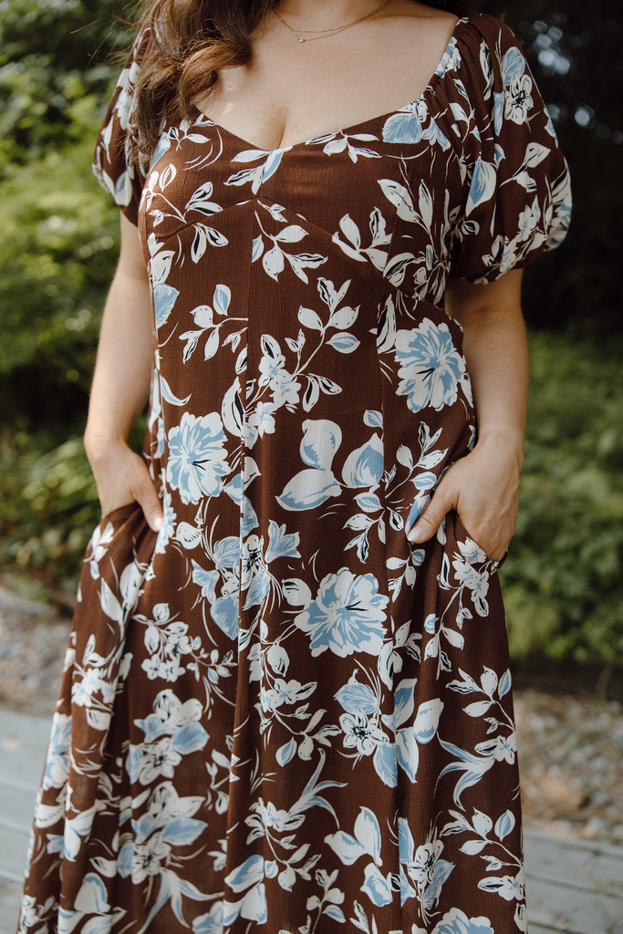 Floral Puff Sleeve Midi - Chocolate