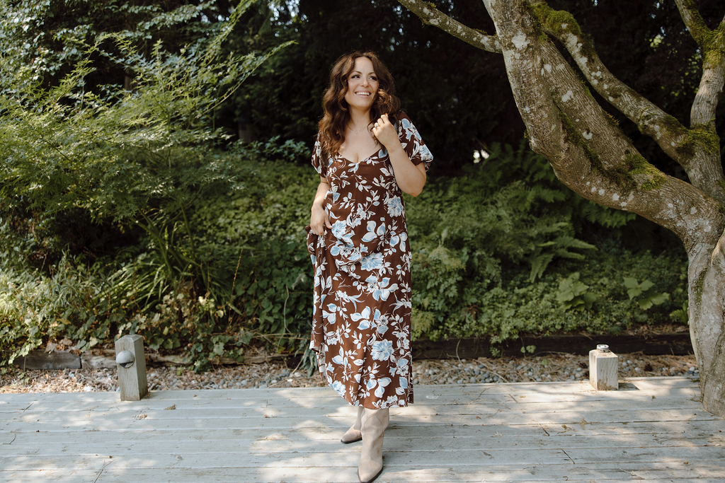 Floral Puff Sleeve Midi - Chocolate
