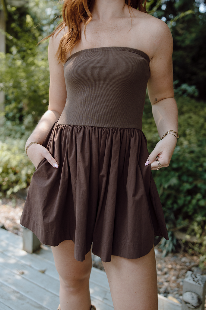 Strapless Mixed Material Dress - Brown